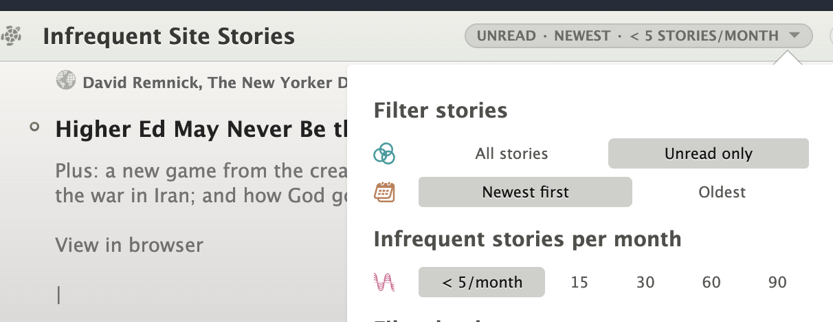 Infrequent Site Stories view showing rarely-published feeds